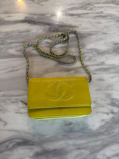 Yellow Caviar Leather Timeless CC Wallet on Chain (WOC) bag With silver hardware