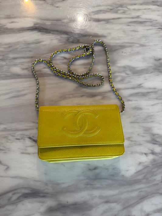 Chanel Yellow Caviar Leather Wallet on Chain bag With silver hardware