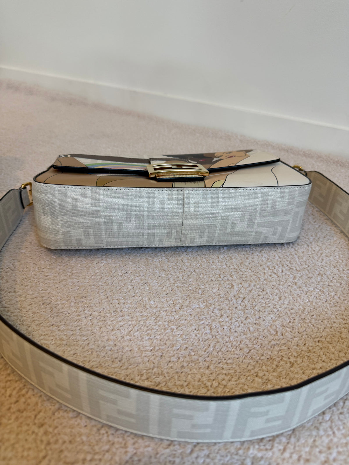 Fendi White FF Glazed Coated Canvas and Leather Baguette bag