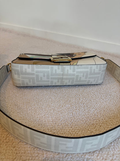Fendi White FF Glazed Coated Canvas and Leather Baguette bag
