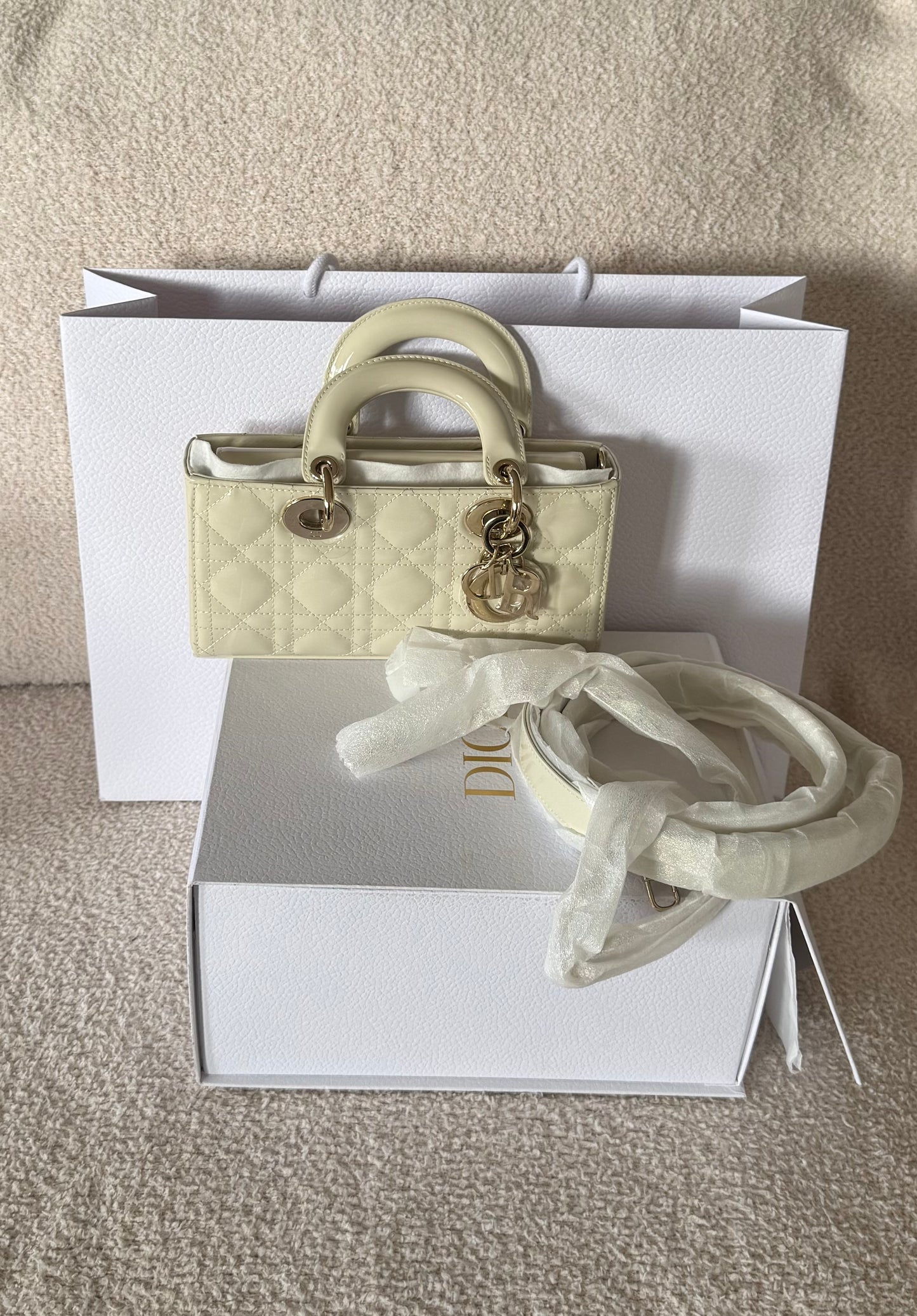 DIOR Small Lady D-Joy Bag in Latte Patent Cannage Calfskin