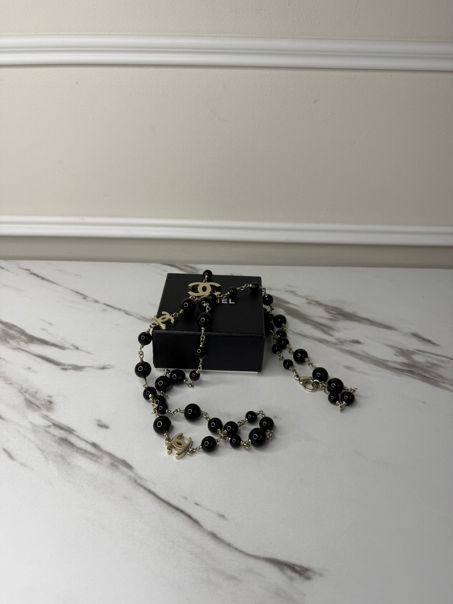 Chanel CC logo long necklaces GHW and black beads