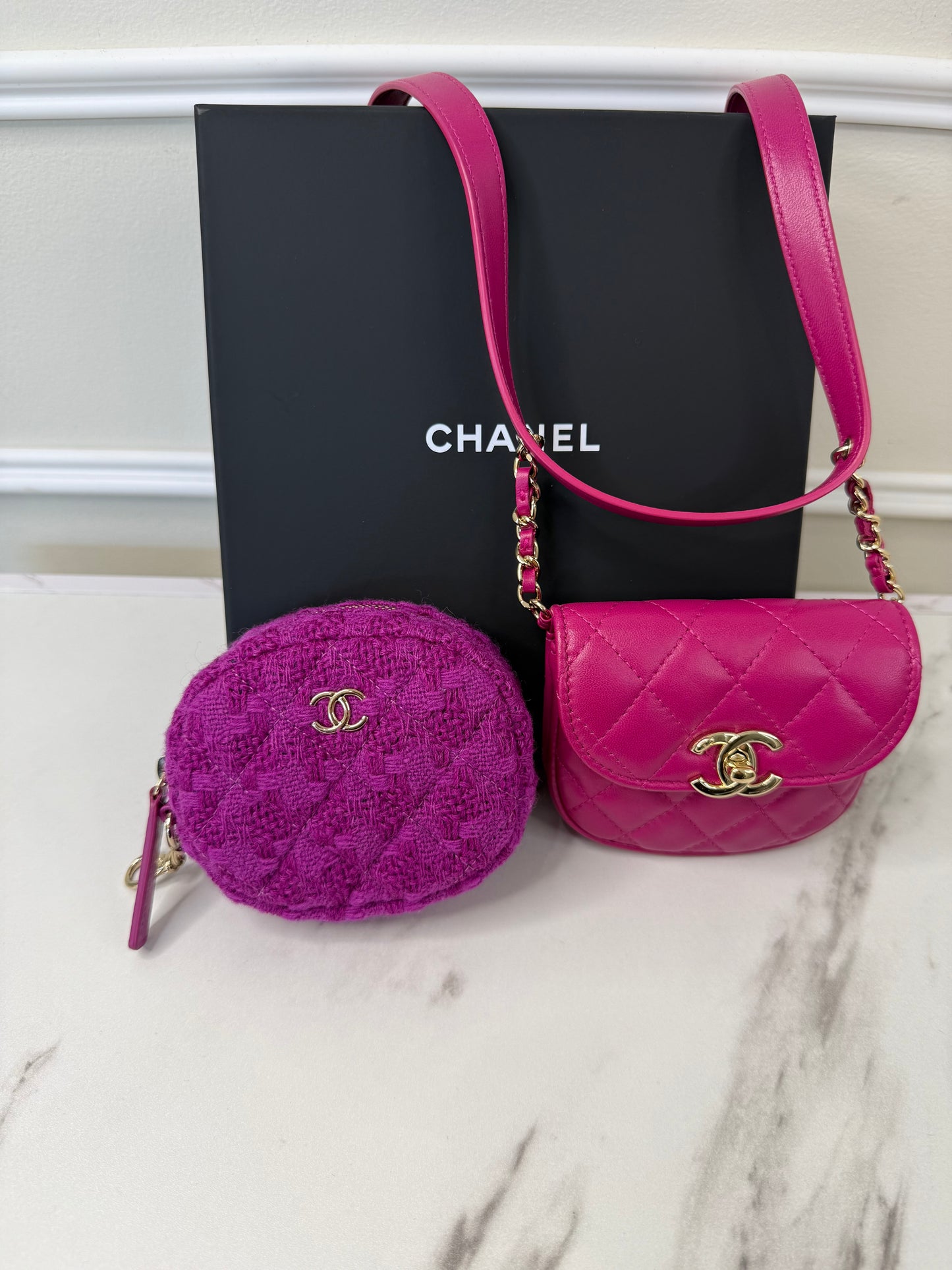 Chanel Magenta Quilted Lambskin and Tweed Mini Waist Bag and Coin Purse Set